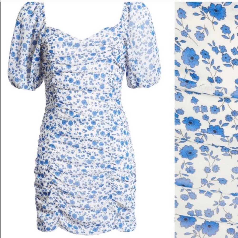 All in Favor Blue and White Floral Cocktail Dress Ruched Size Small, NWT